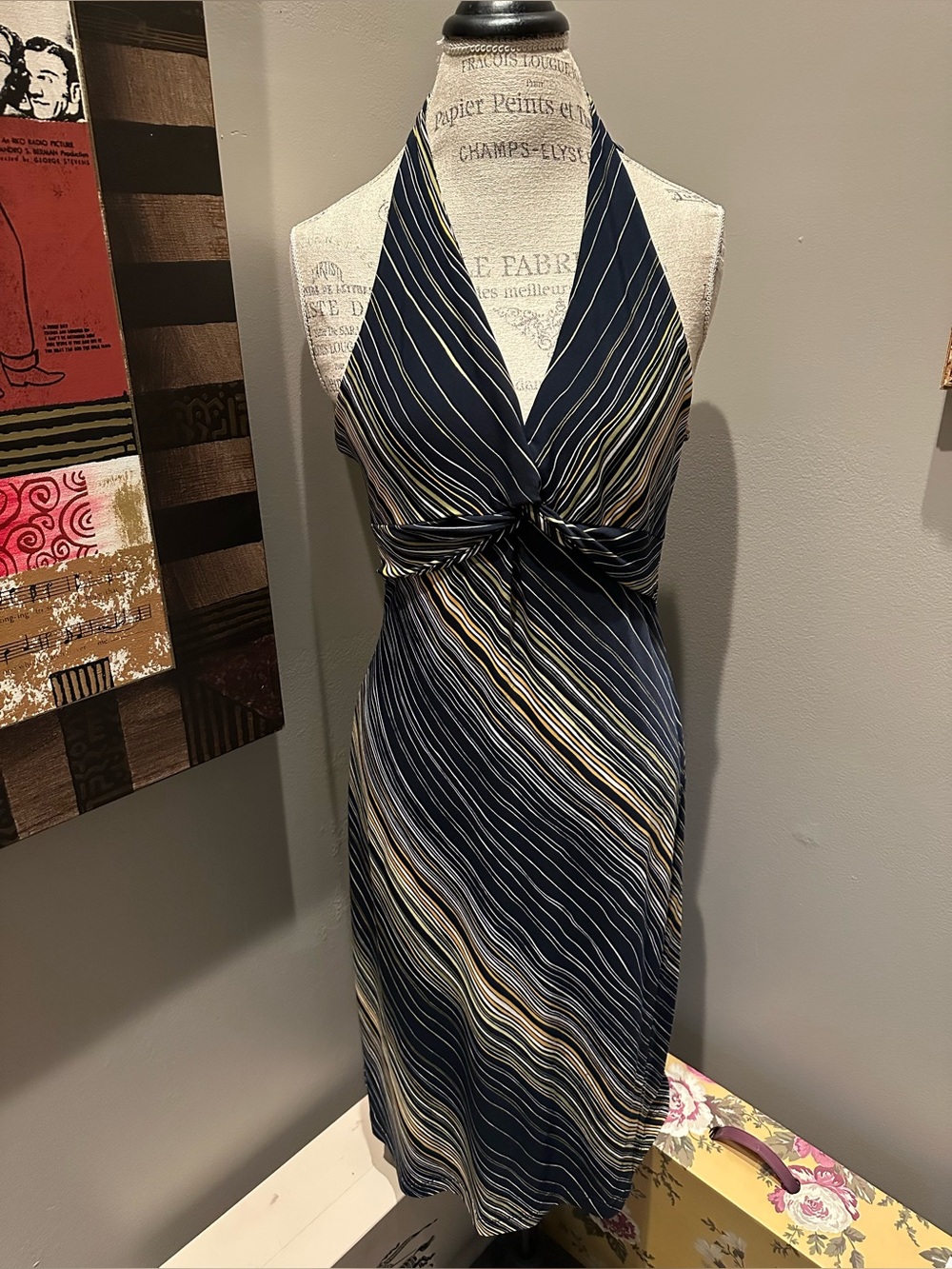 BCBG Black Halter Stripe Twist-Front Midi Dress with cream and green stripes EUC